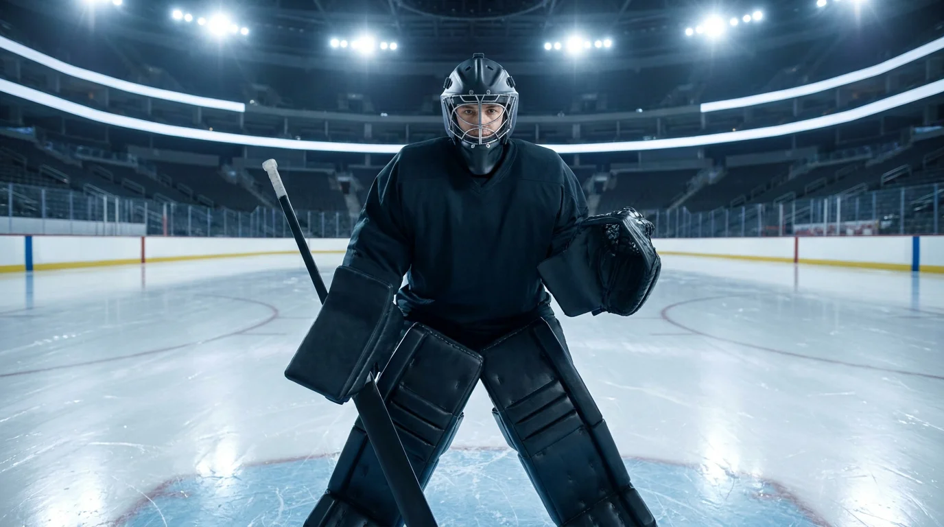 NHL goaltender in full equipment preparing for a game at the crease