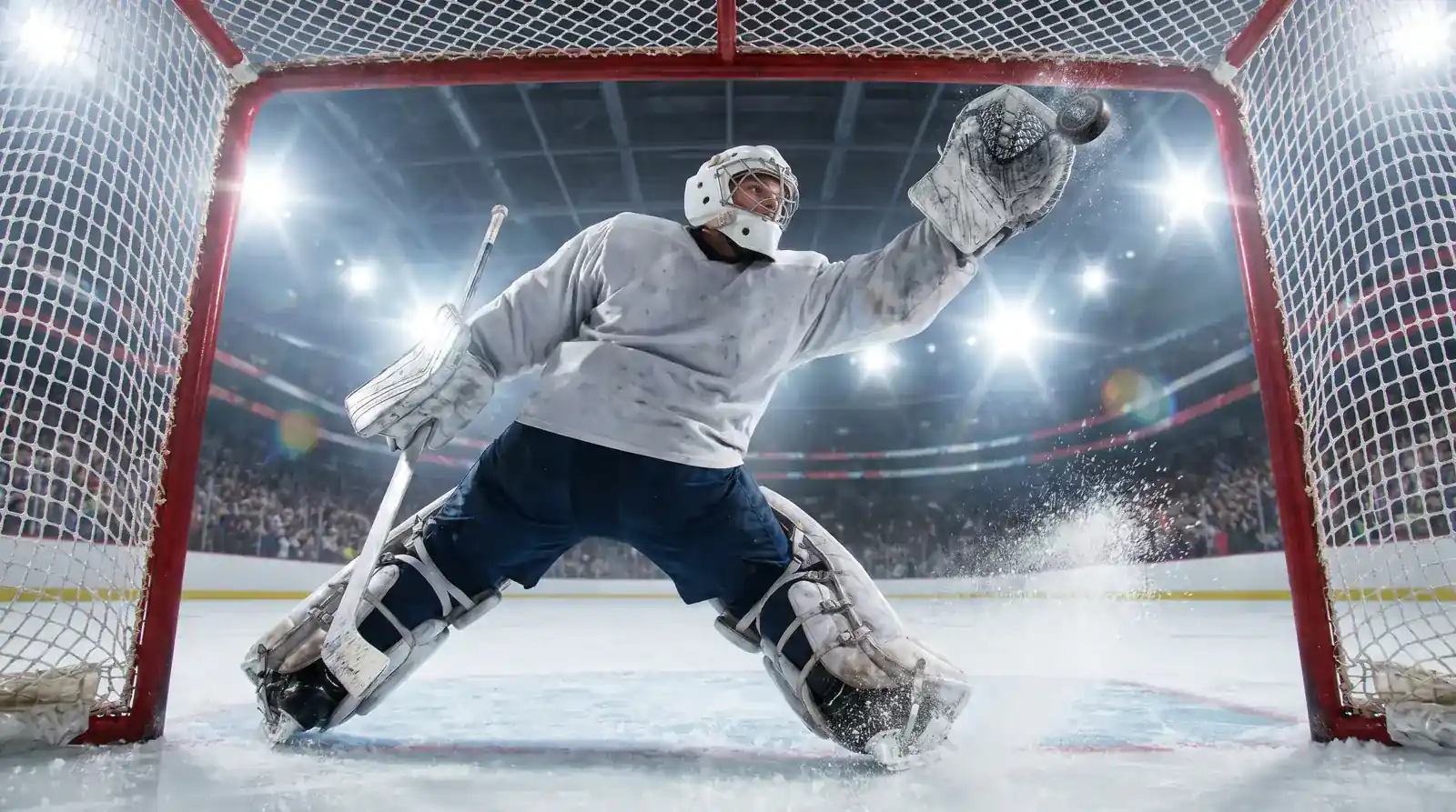 NHL goaltender stretching to make a glove save on a high shot