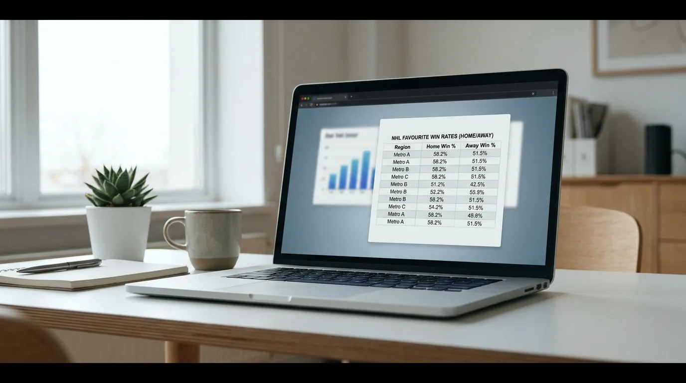 Laptop screen showing NHL home and away favourite win rate statistics