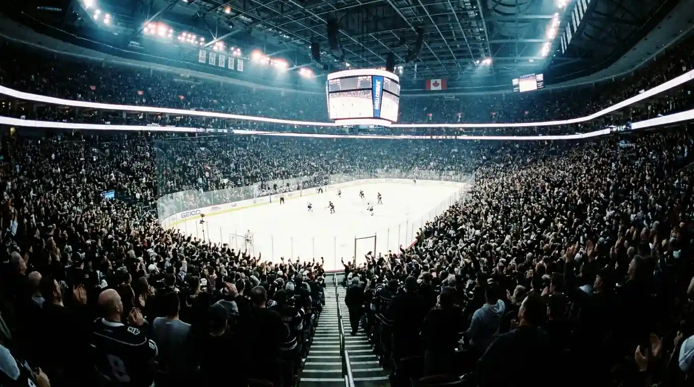 Packed NHL arena with fans cheering during a home game under bright lights