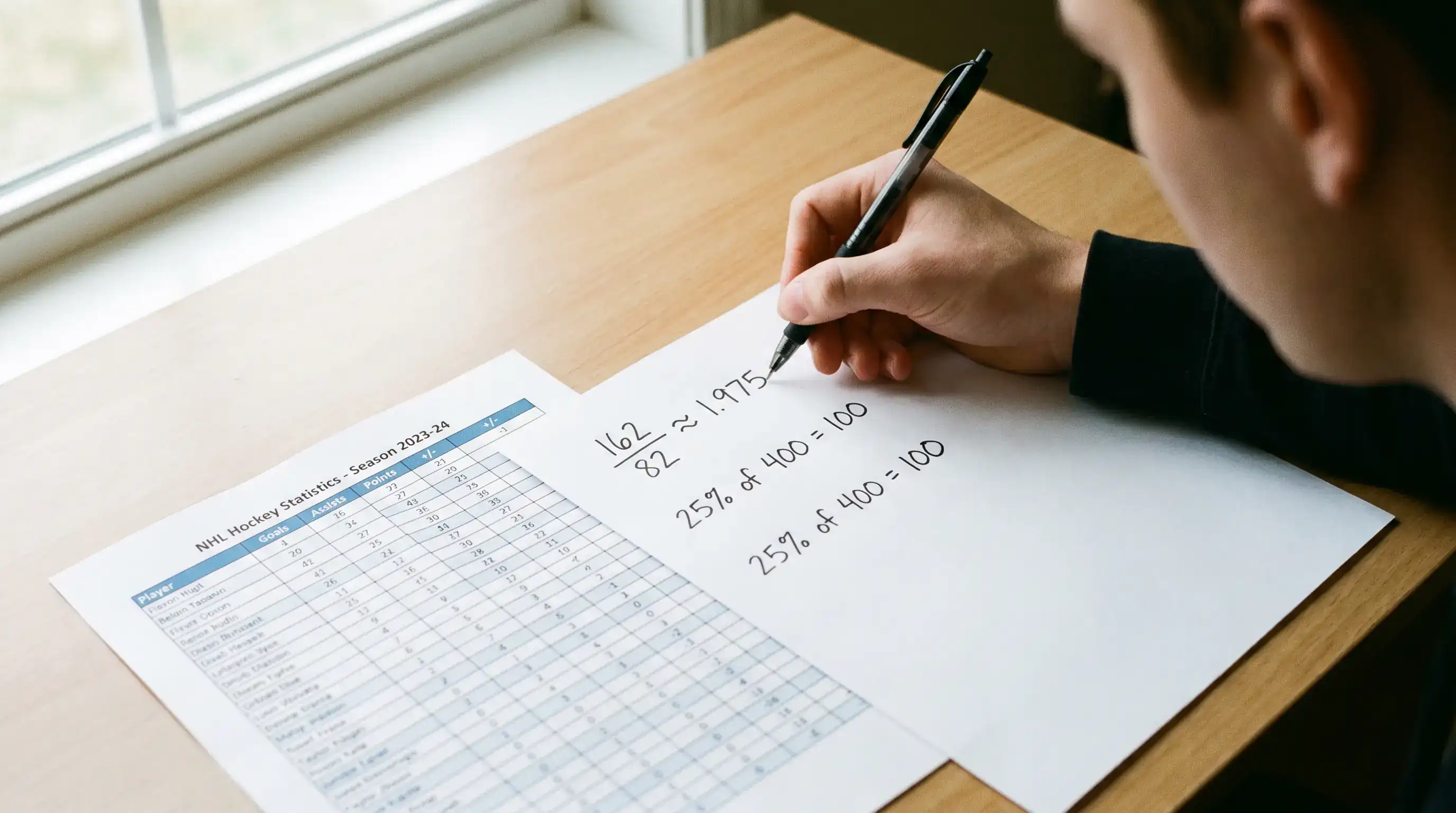 Person calculating implied probability from NHL betting odds with pen and paper