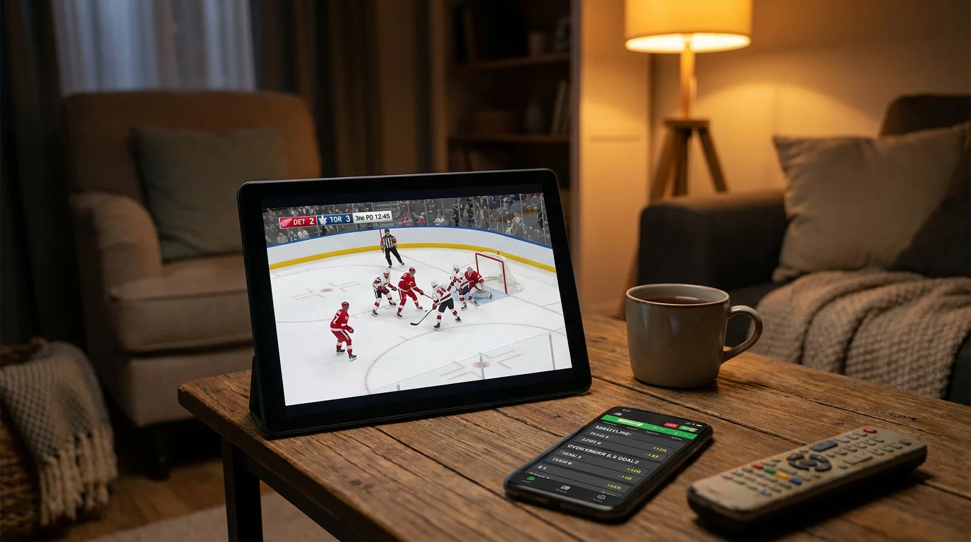 Tablet streaming a live NHL game alongside an open betting slip on a coffee table