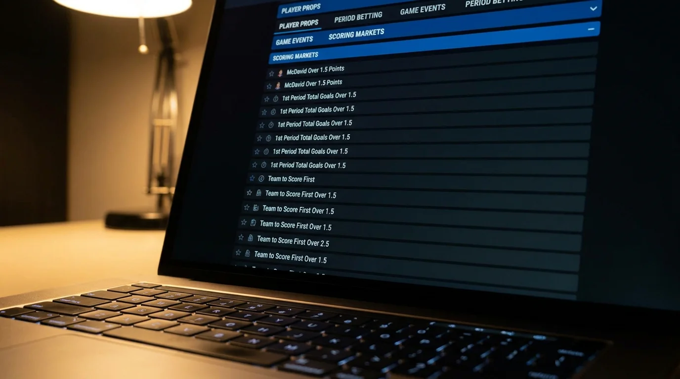 Sportsbook interface displaying a wide range of NHL betting markets including player props
