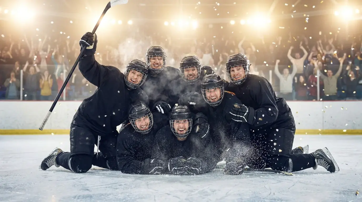 Jubilant NHL team celebrating a moneyline victory with players embracing on the ice
