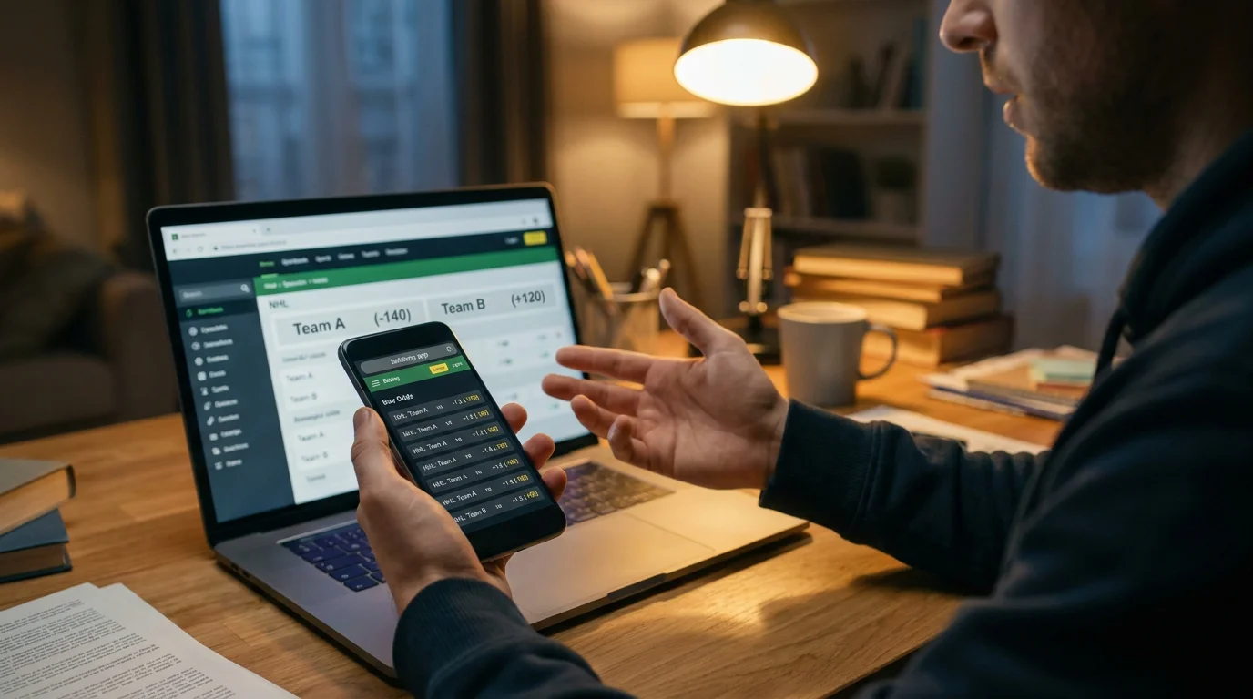 Smartphone showing multiple NHL betting apps open side by side for odds comparison