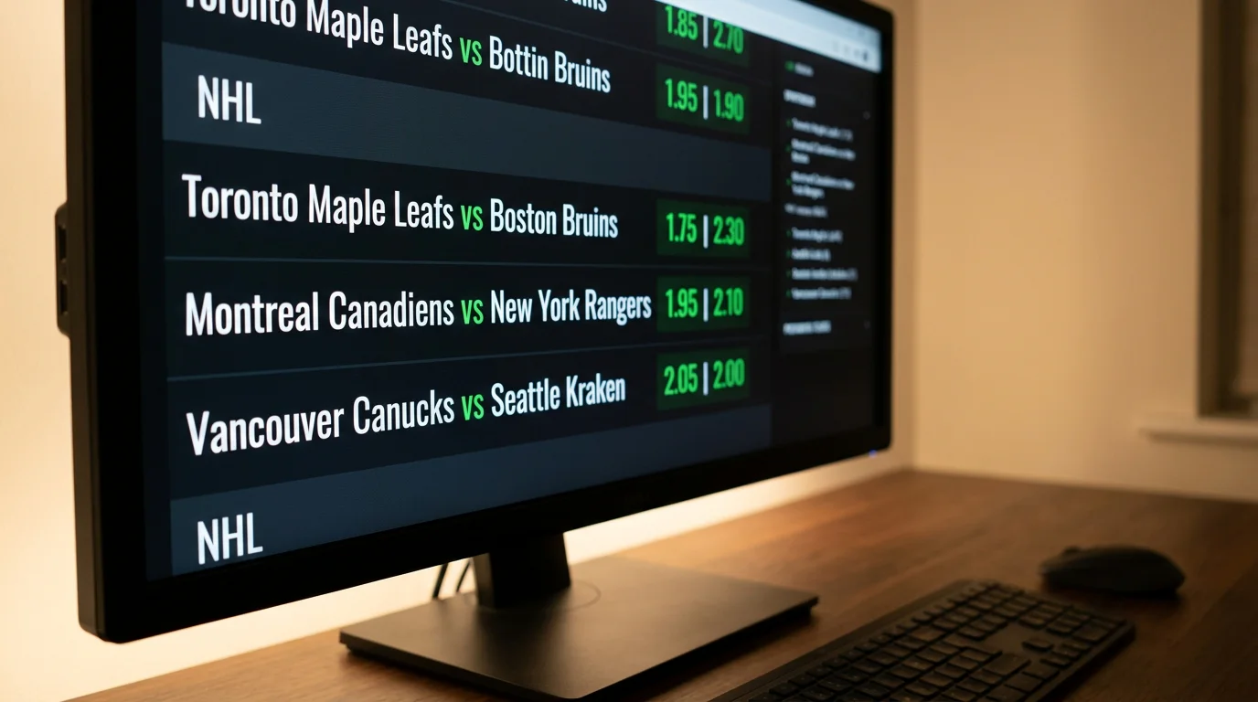 Sportsbook screen displaying NHL odds in decimal format with multiple game listings