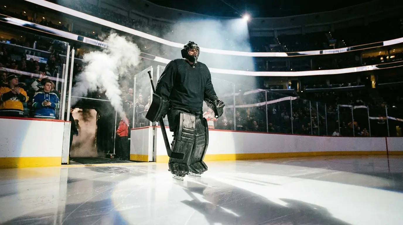 NHL starting goaltender skating onto the ice before a game with arena lights in background