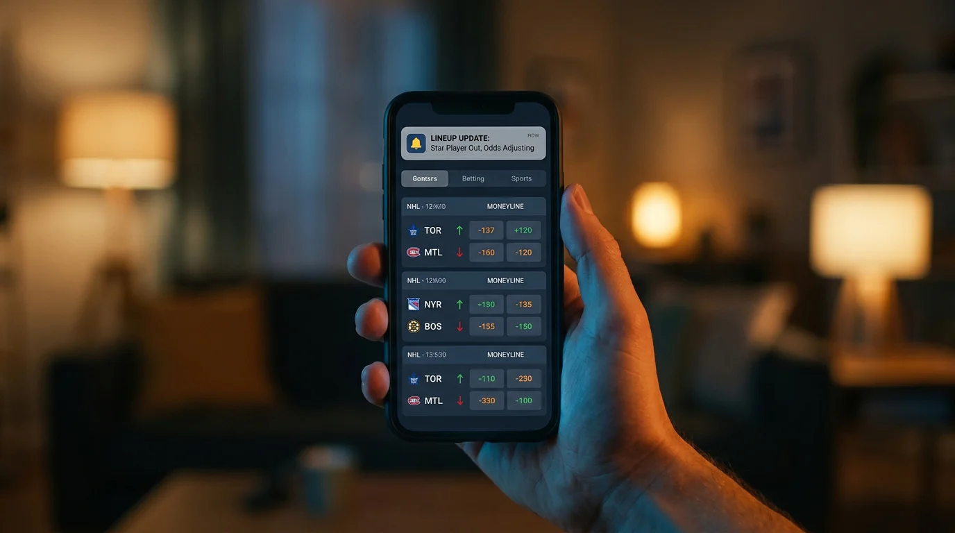 Mobile phone displaying NHL moneyline odds shifting after goalie announcement
