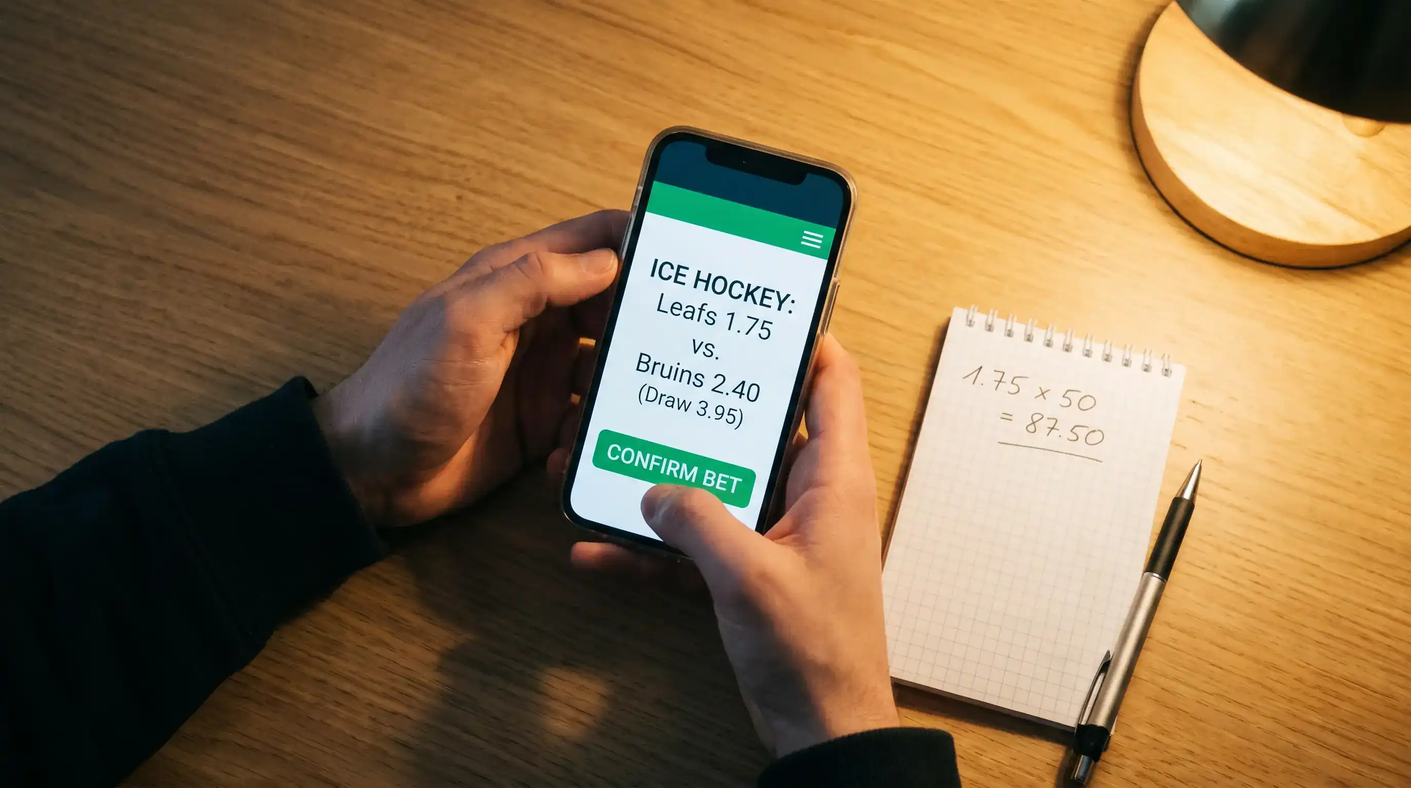 Person holding a smartphone displaying NHL betting odds and a bet slip with decimal odds format