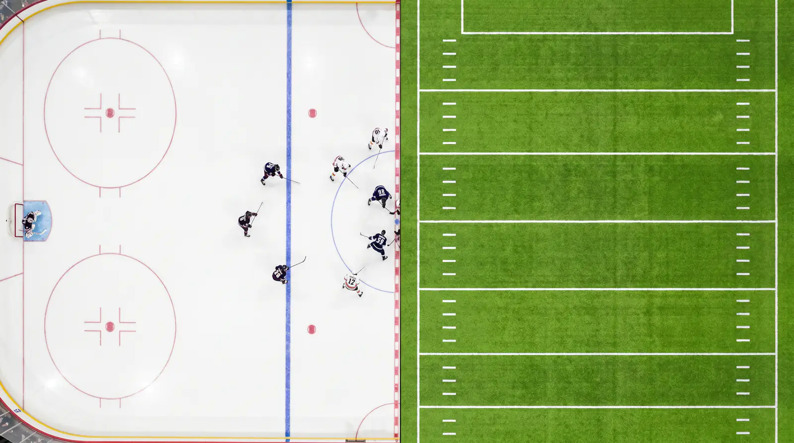 Split scene of an ice hockey rink and a football pitch representing two betting markets