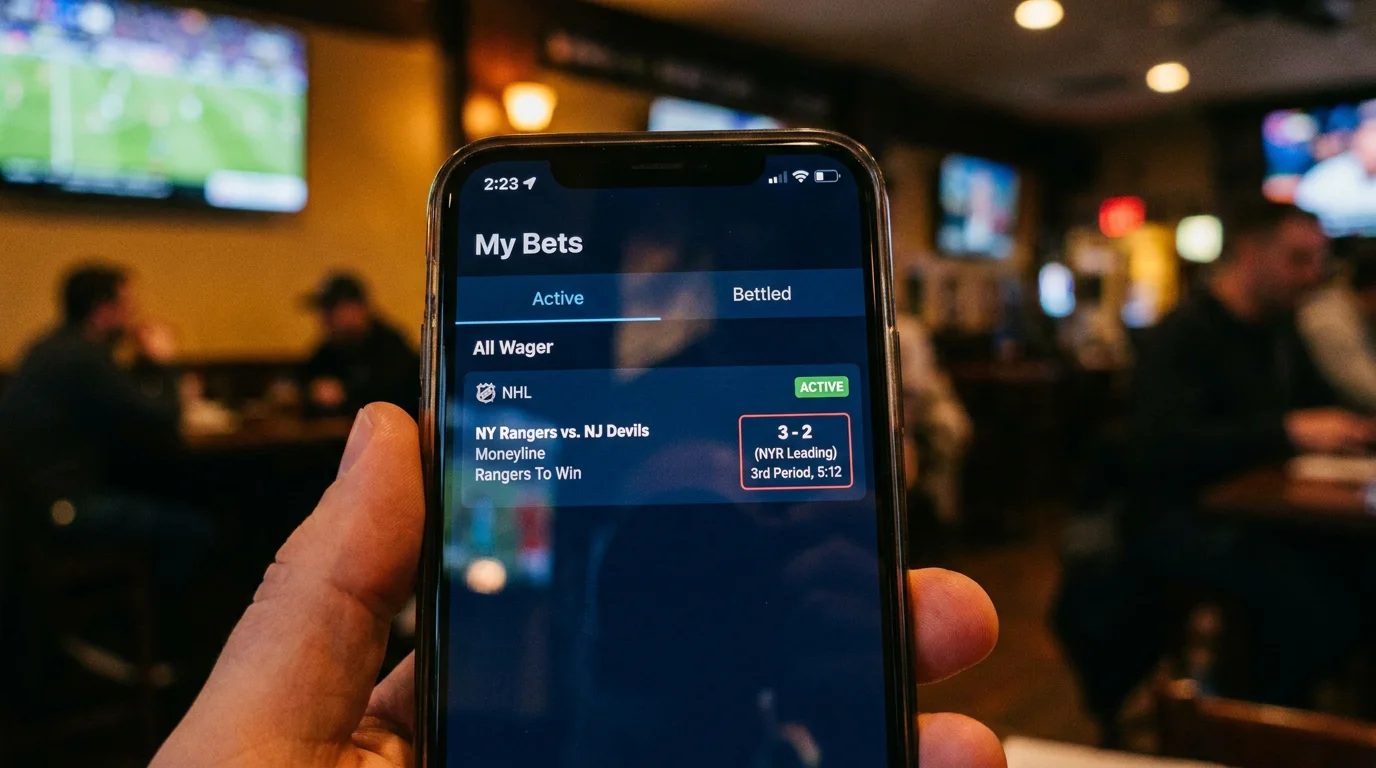 My Bets section of a bookmaker app showing an active NHL wager with live score