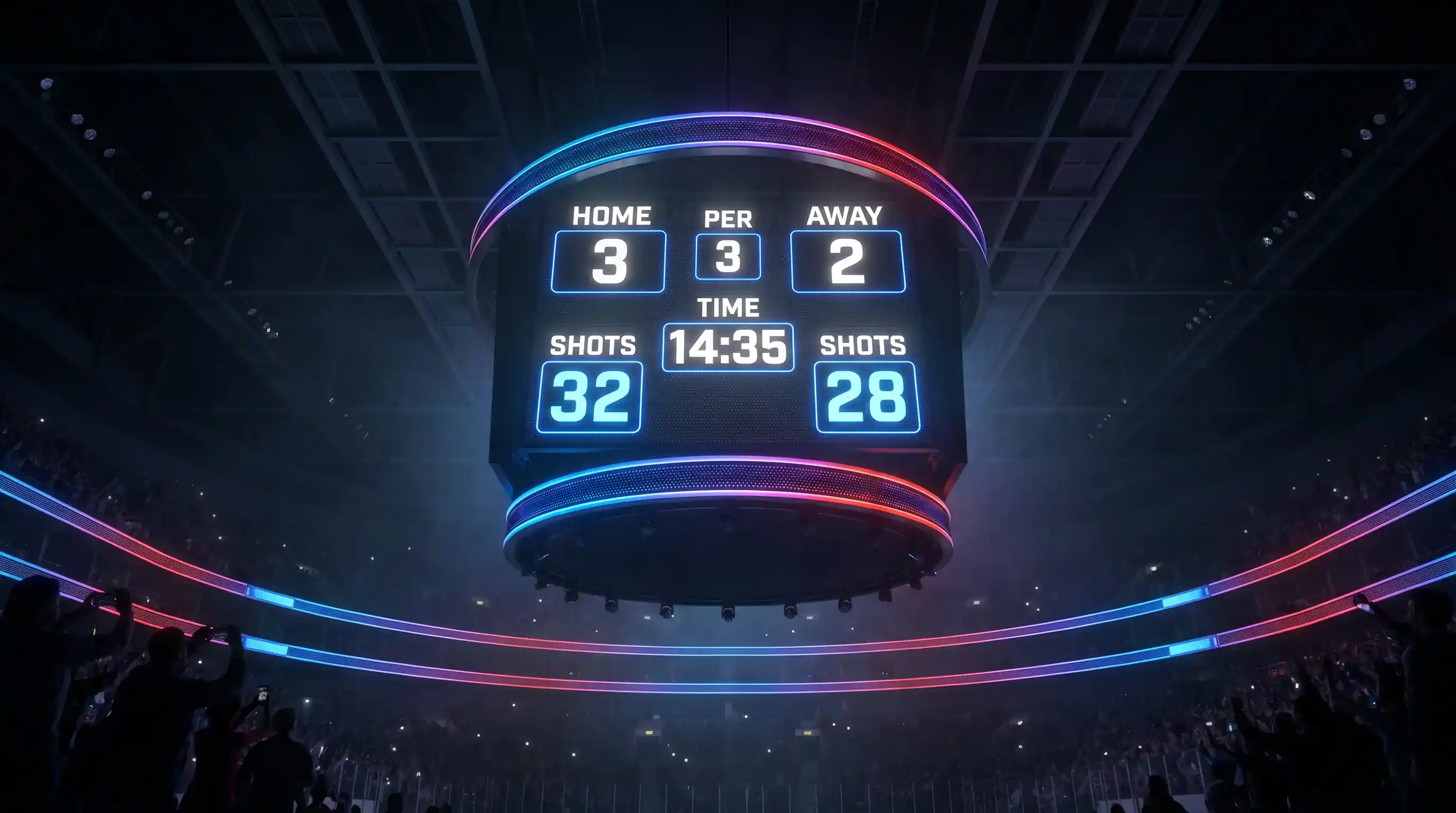 NHL arena scoreboard showing period scores with fans watching from the stands