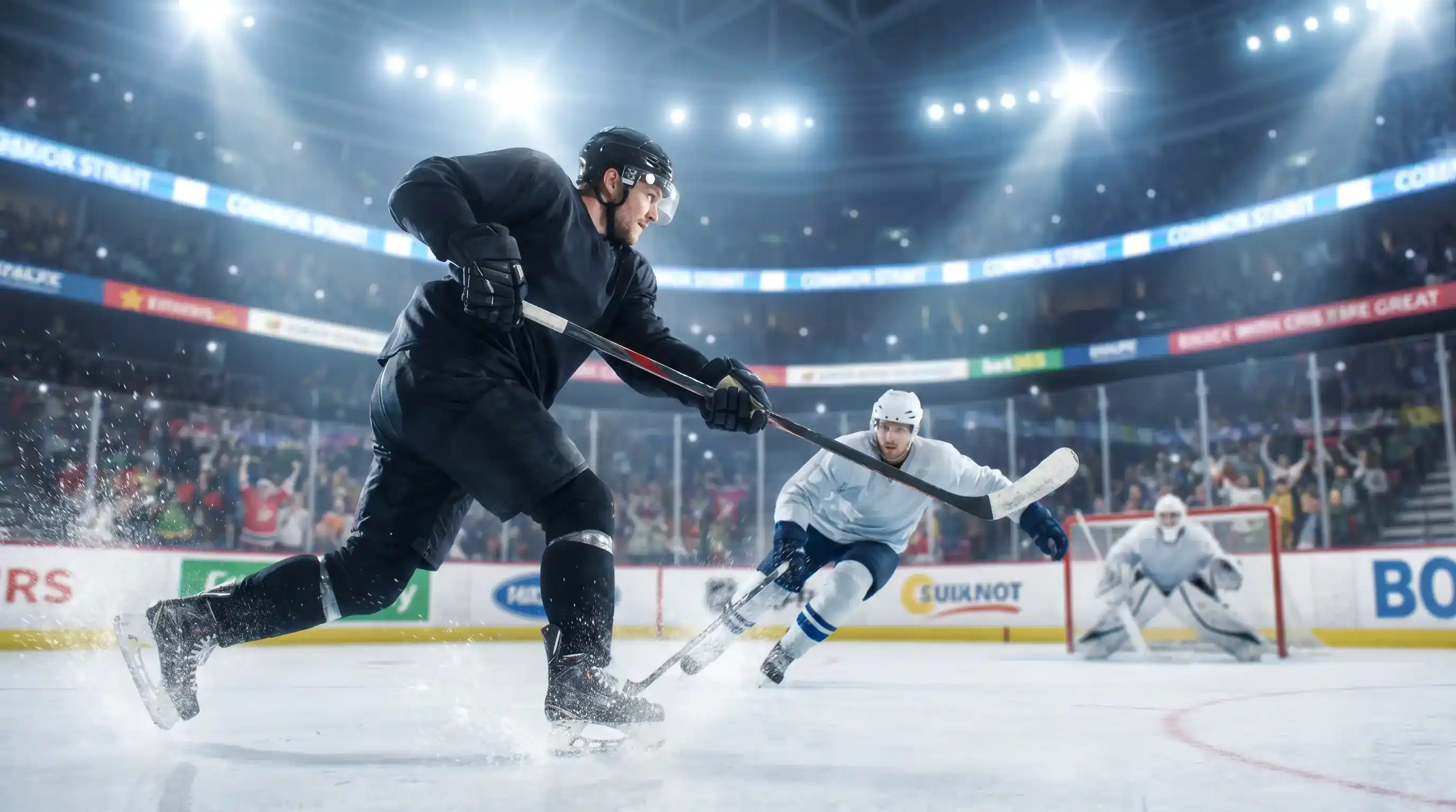 NHL forward winding up for a powerful slapshot during a game with the goalie set