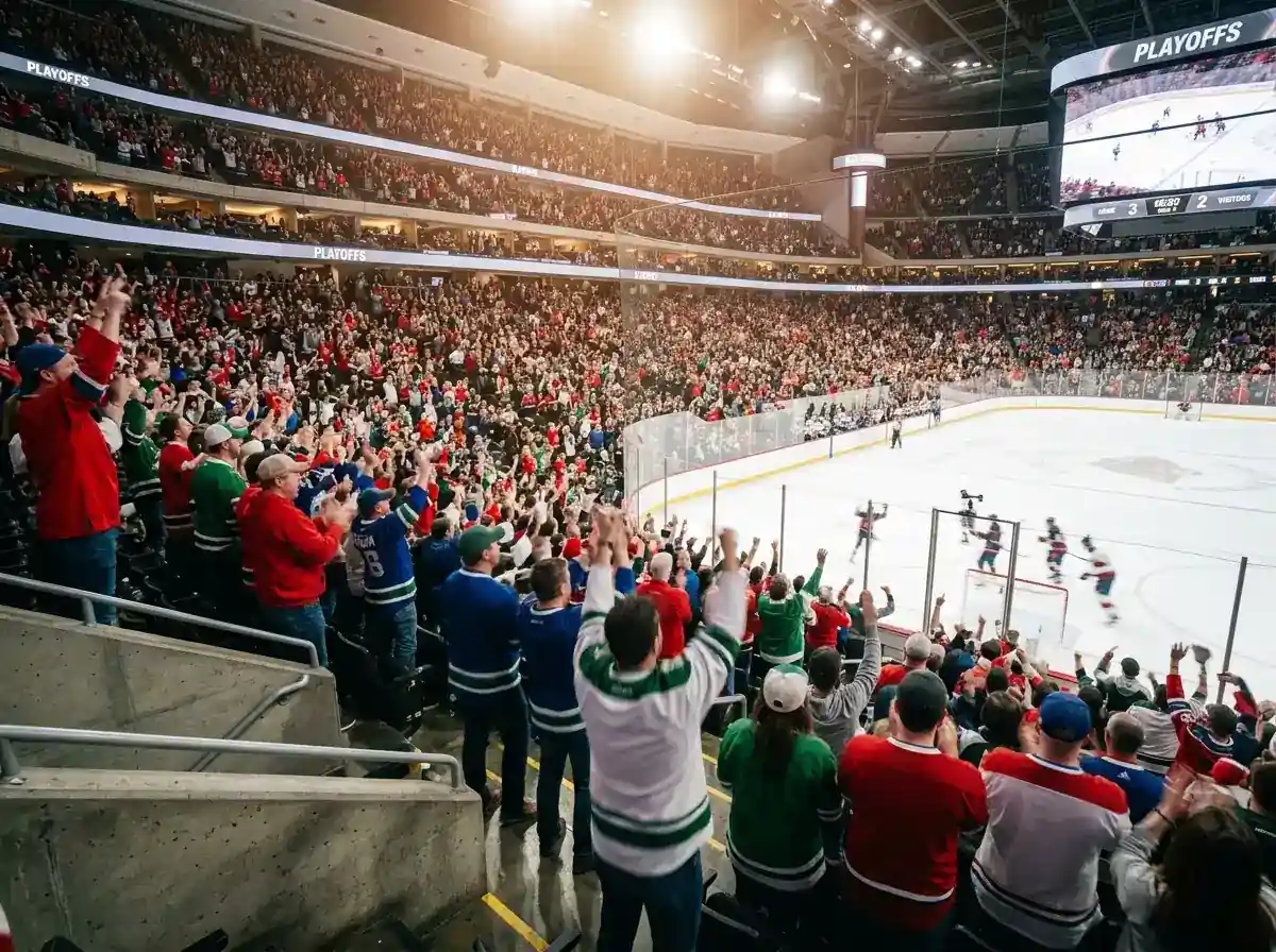 Packed ice hockey arena during a playoff game with fans in team jerseys