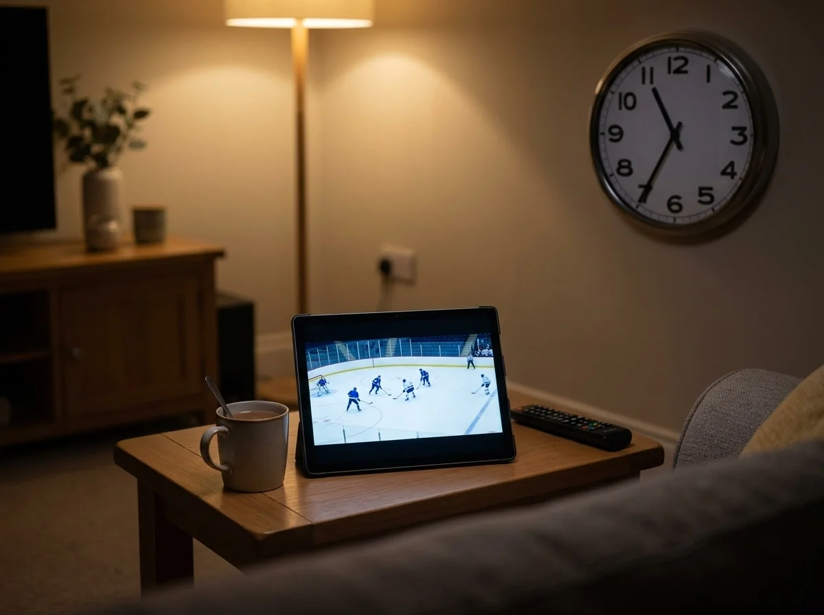 Clock showing late evening UK time with NHL playoff game on a tablet screen