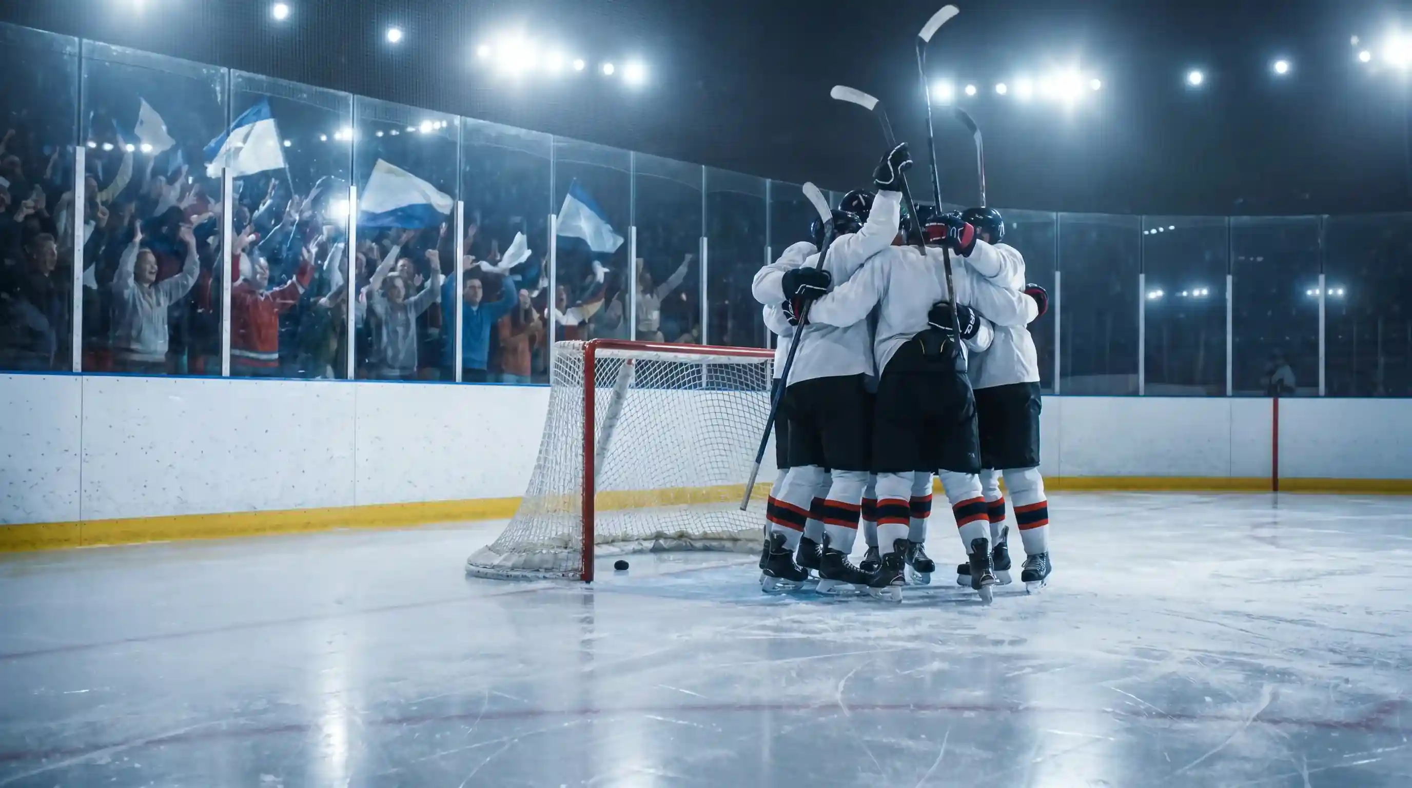 Ice hockey team celebrating a goal illustrating positive leg correlation
