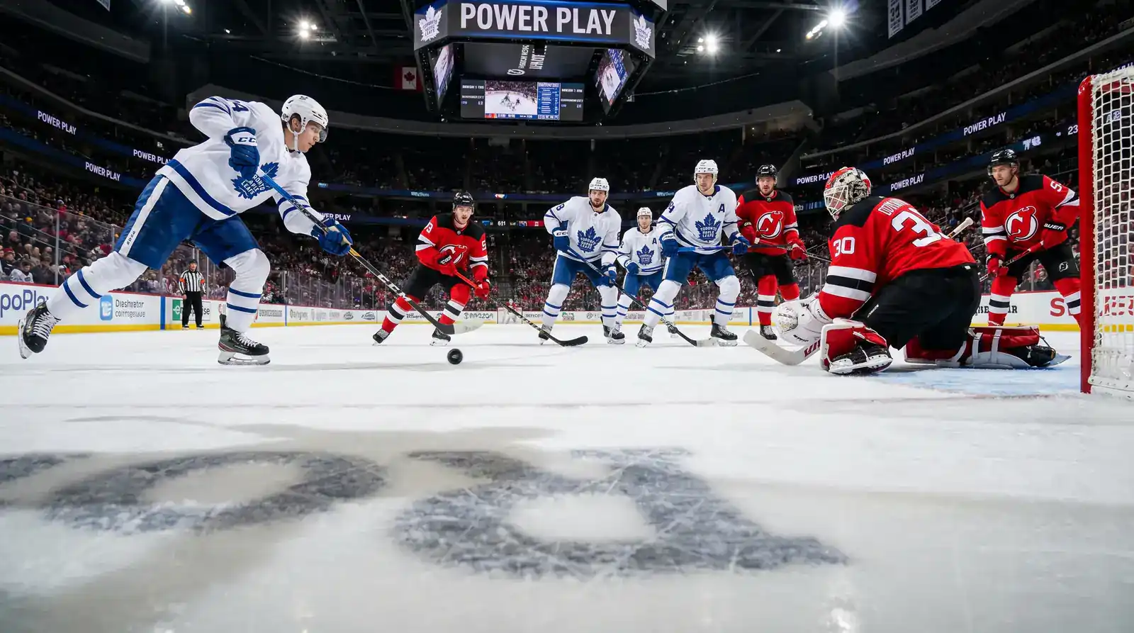 NHL ice hockey players during a power play with one team pressing near the goal crease under arena spotlights