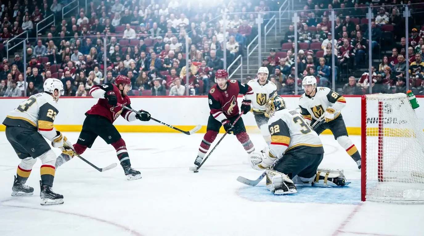 NHL power play setup with five skaters attacking against four defenders near the crease