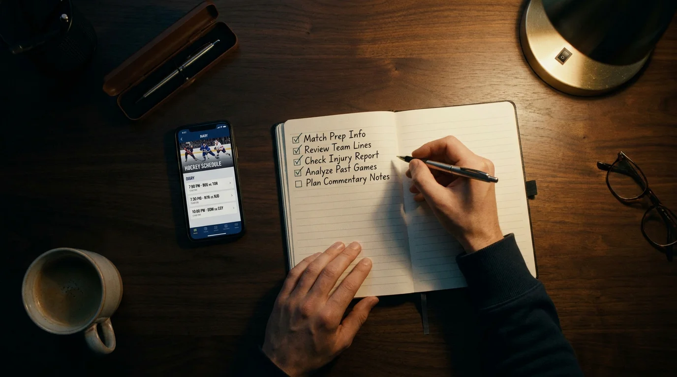 Person reviewing NHL game notes and statistics in a notebook before placing a bet