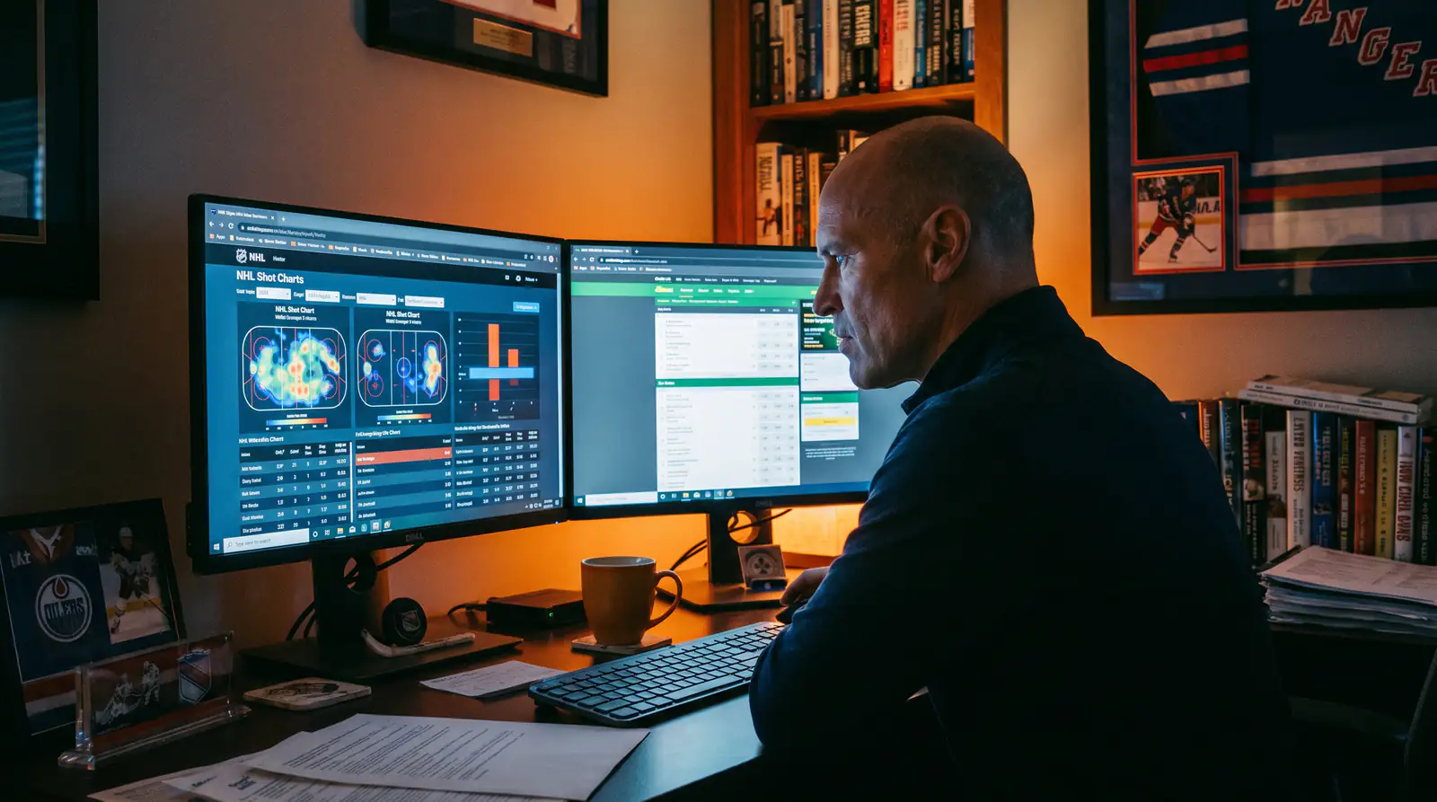 Analyst reviewing NHL player stats on dual monitors for prop bet research