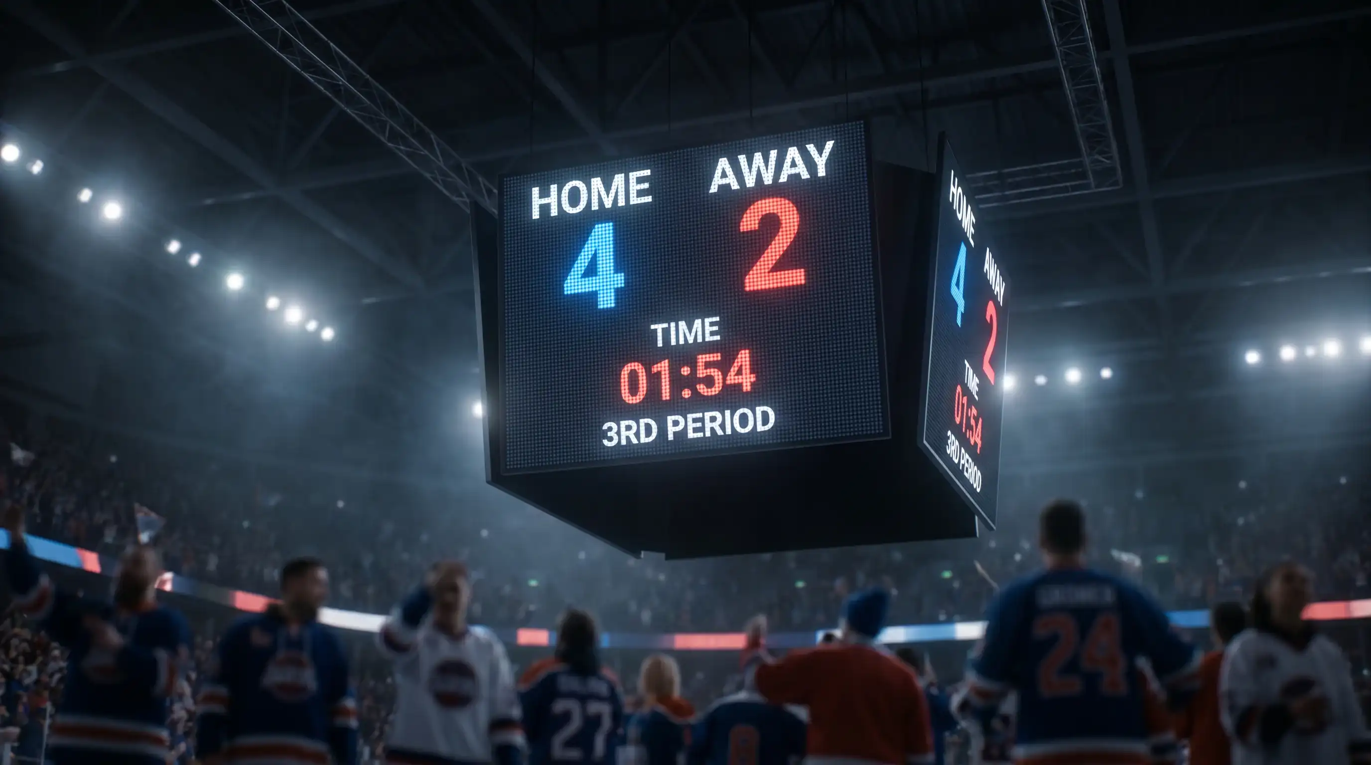 NHL scoreboard displaying a two-goal margin late in the third period