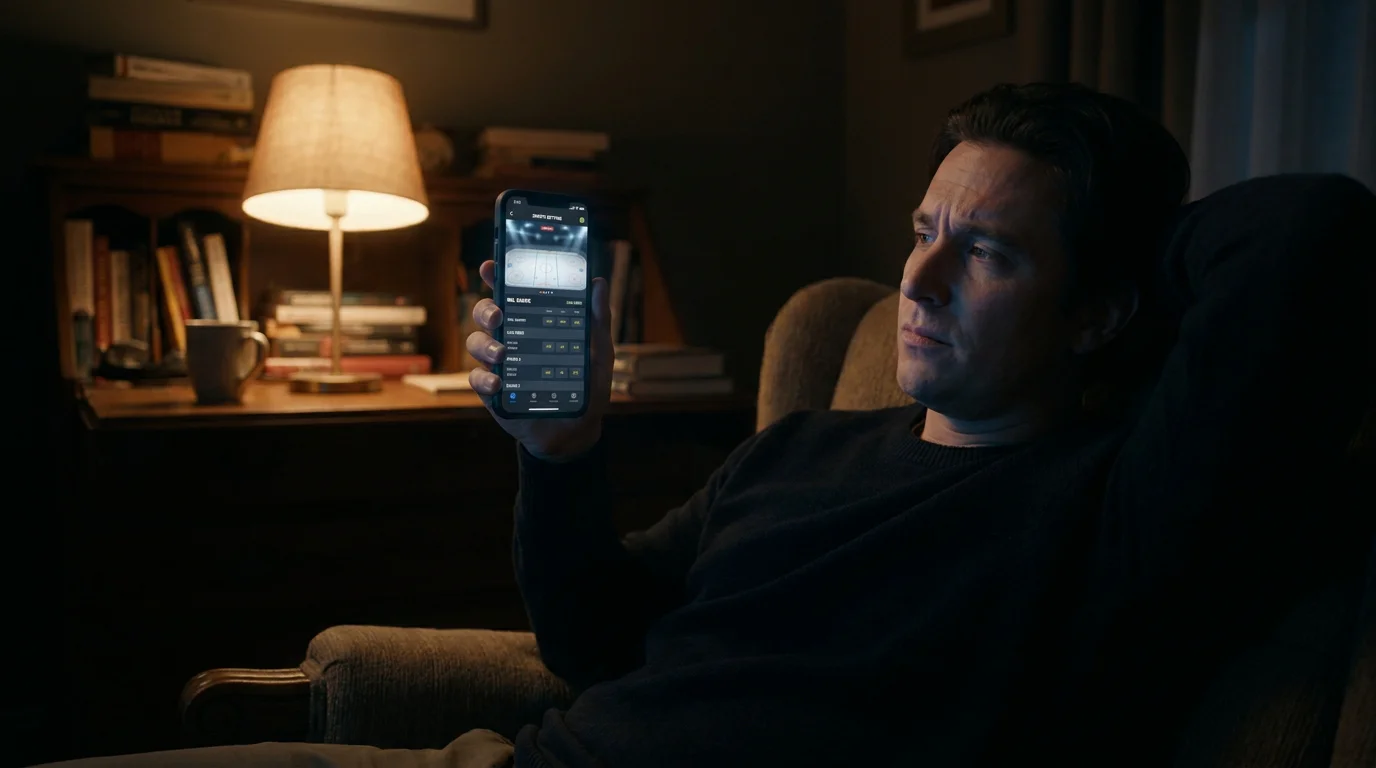 Calm person reviewing NHL live betting positions on a phone screen late at night