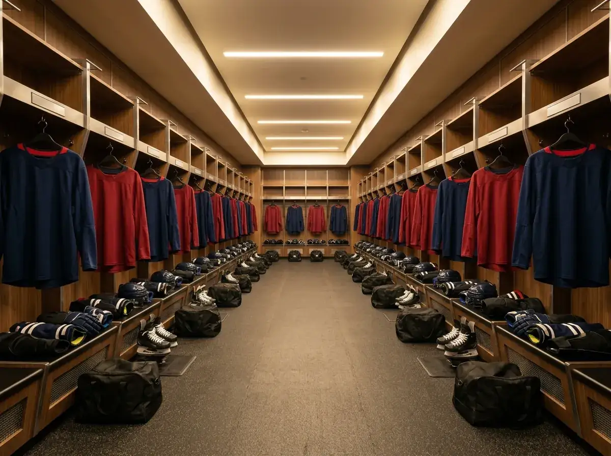 NHL team locker room showing equal roster depth created by salary cap structure
