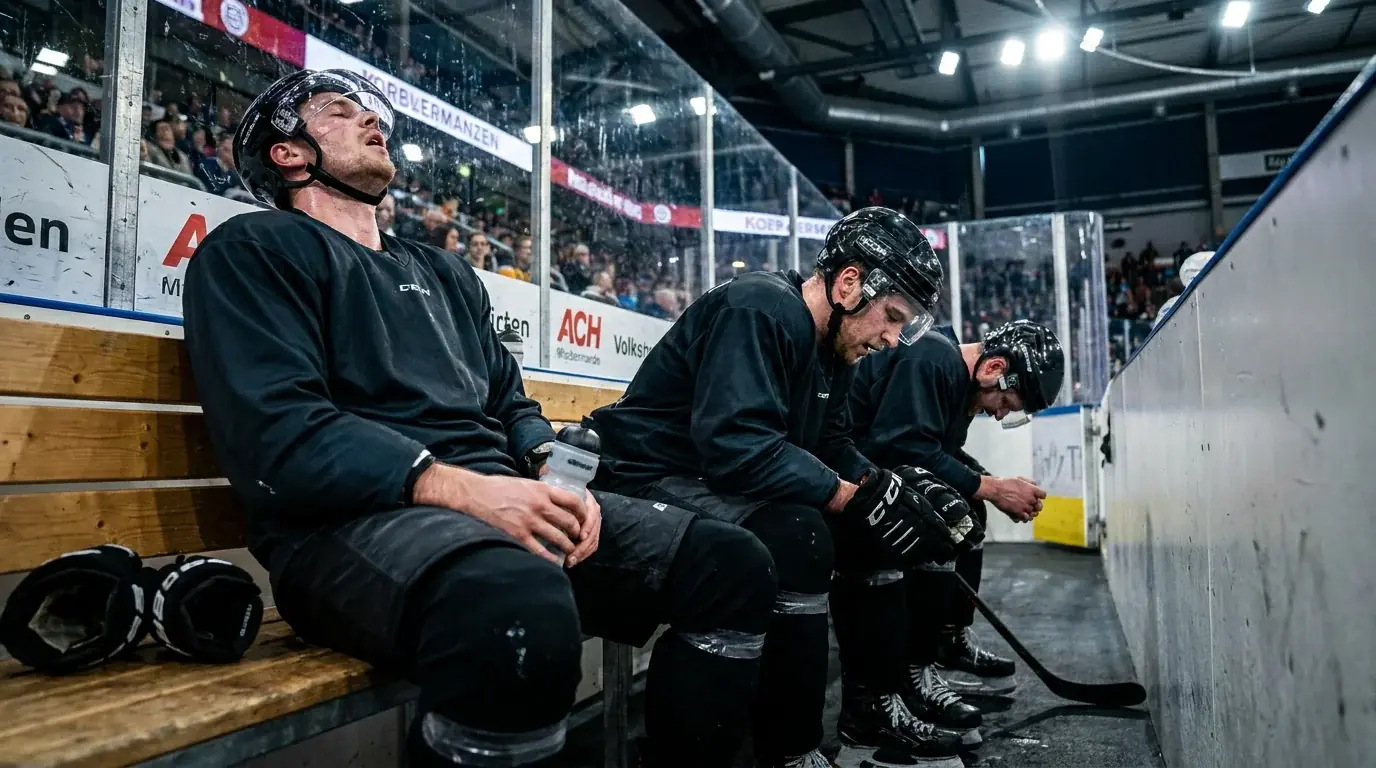 Tired ice hockey players on the bench during a back-to-back game night