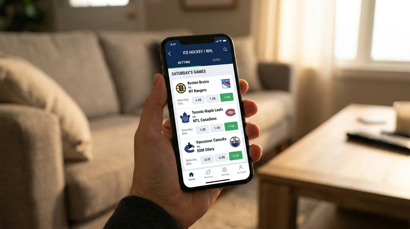 Bookmaker mobile app showing NHL ice hockey section with available games