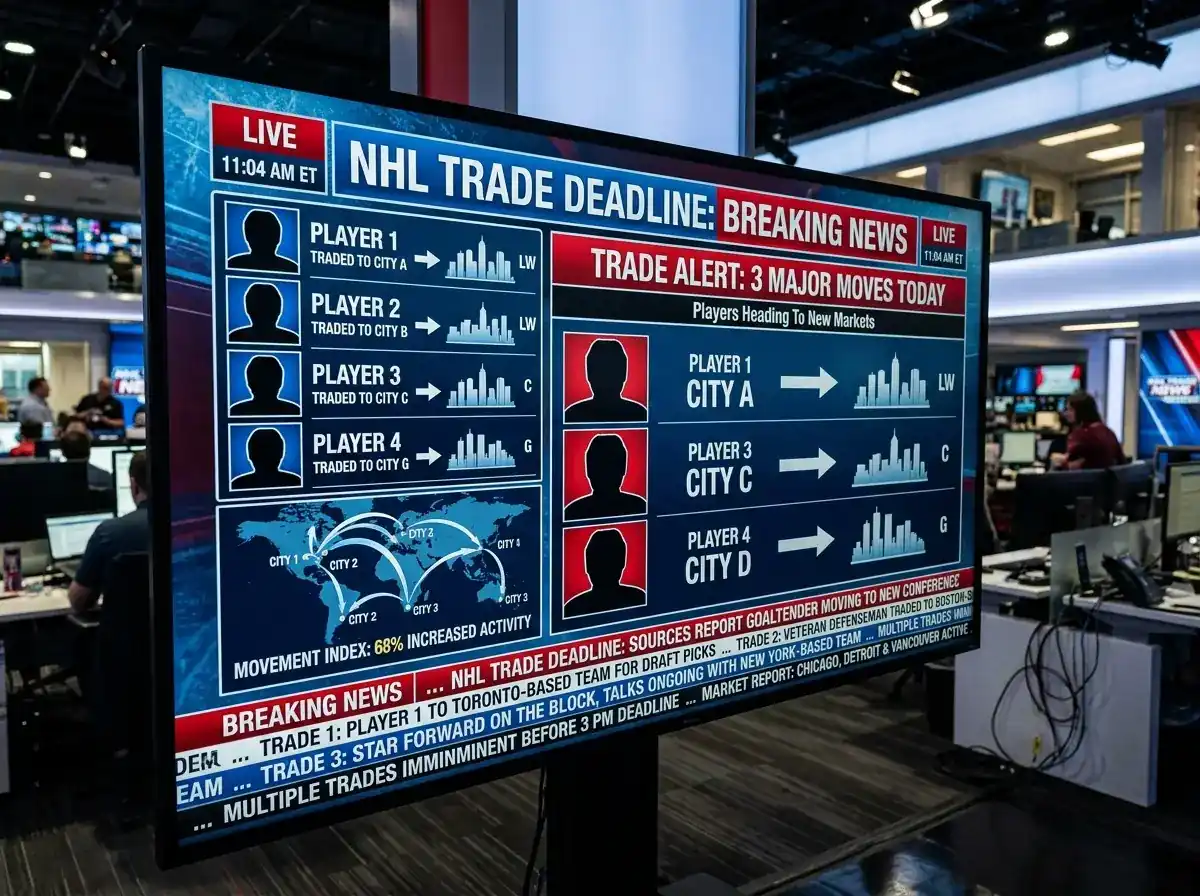 Sports news broadcast screen showing NHL trade deadline activity