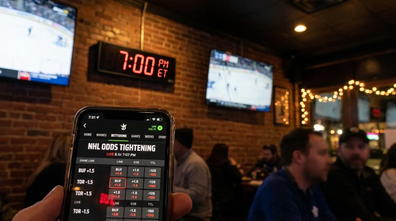 Clock approaching NHL game time with tightening odds displayed on screen