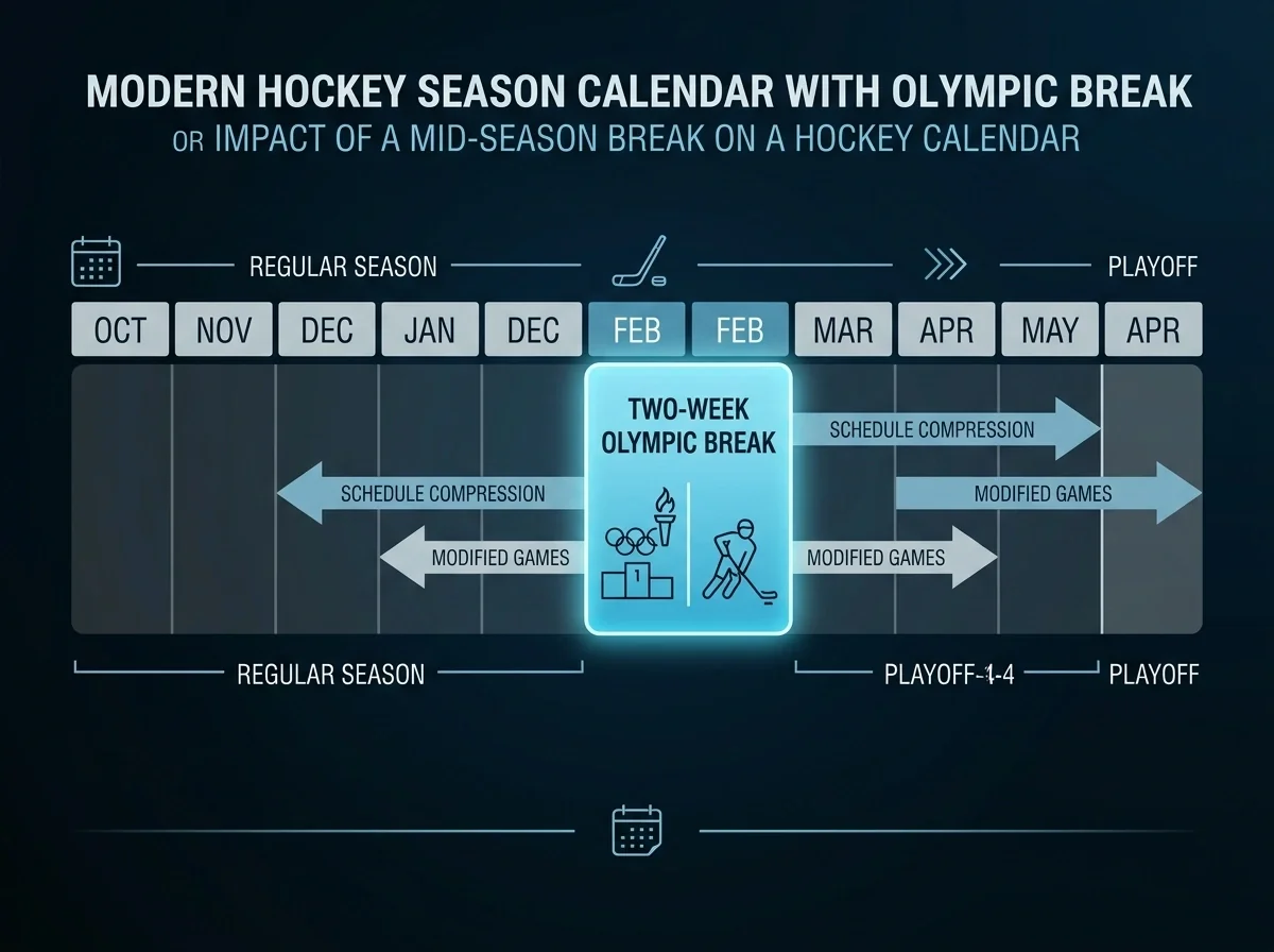 NHL season calendar with two-week Olympic break highlighted and impact arrows