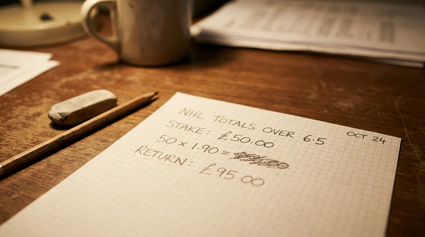 Written calculation showing NHL totals bet payout in GBP on a desk