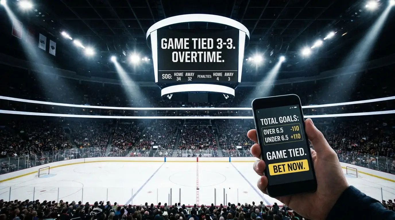 Scoreboard showing NHL game going to overtime with totals bet implications