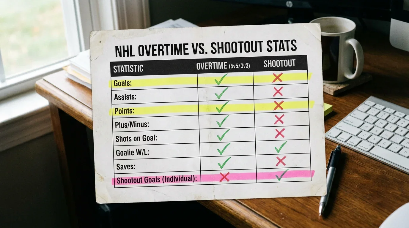Infographic showing which NHL player stats count during overtime and shootouts