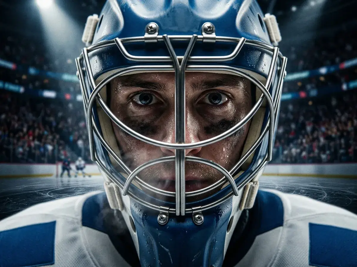 NHL playoff goaltender in intense focus before a crucial elimination game faceoff
