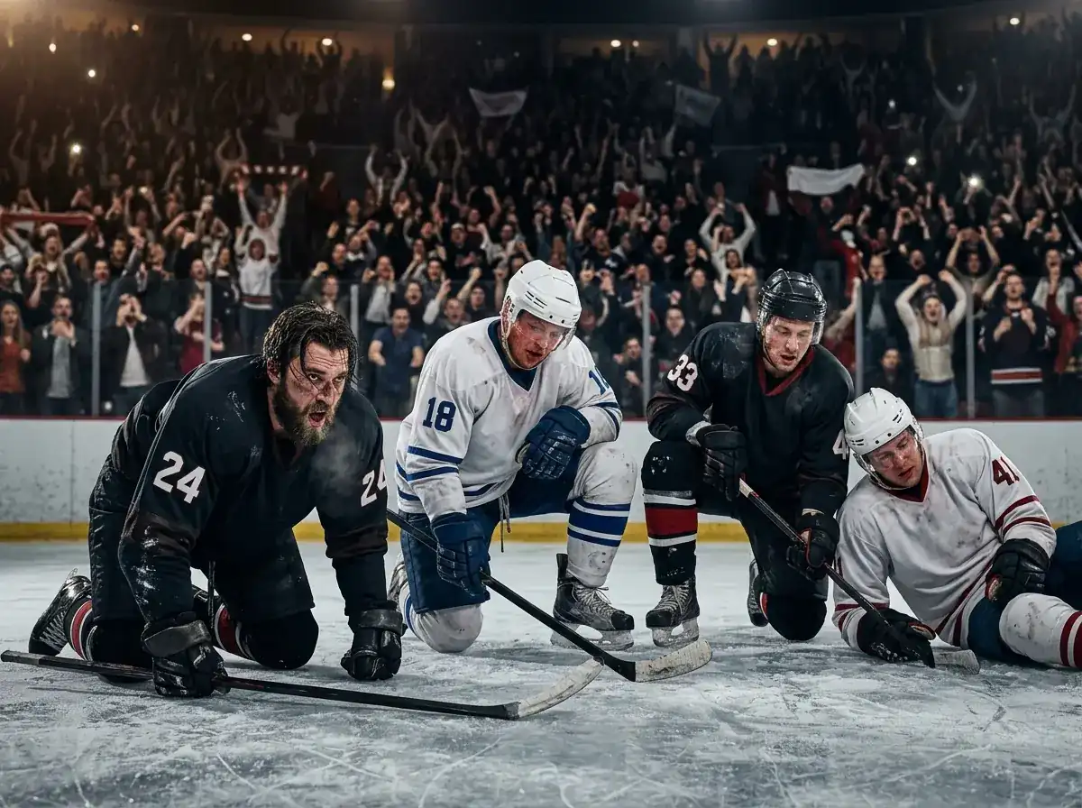 Ice hockey players exhausted during a long playoff overtime period with crowd standing