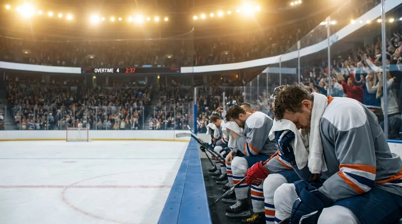 Exhausted hockey players during a long playoff overtime period under bright lights