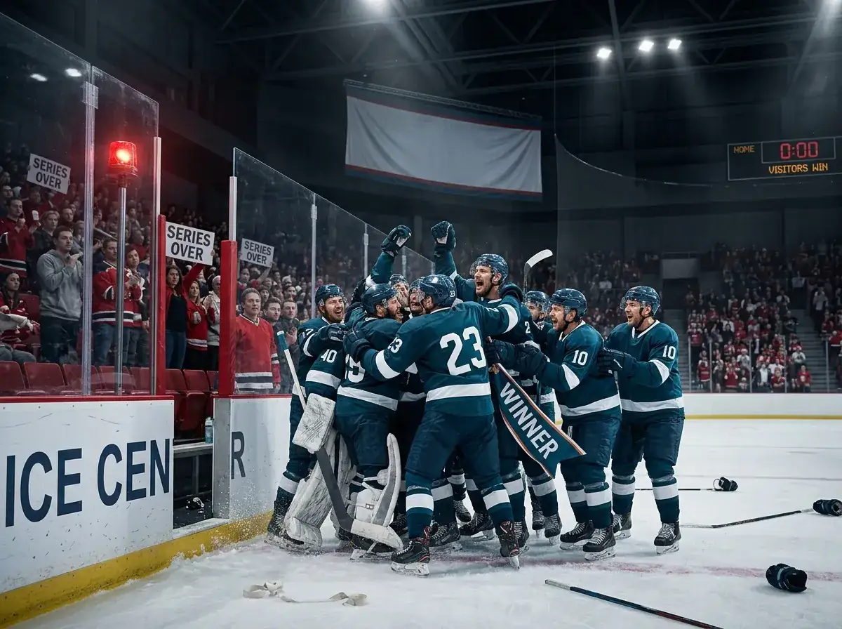 Ice hockey underdog team celebrating a playoff series victory on the road