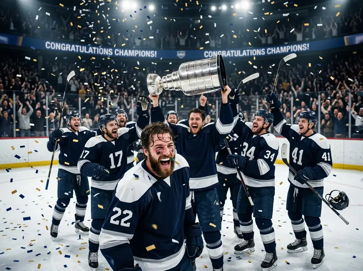 Lower-seeded NHL team celebrating a playoff series upset with trophy presentation