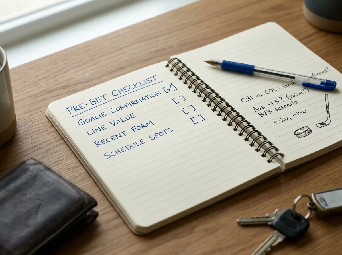 Handwritten checklist with goalie confirmation as the first item before NHL bet