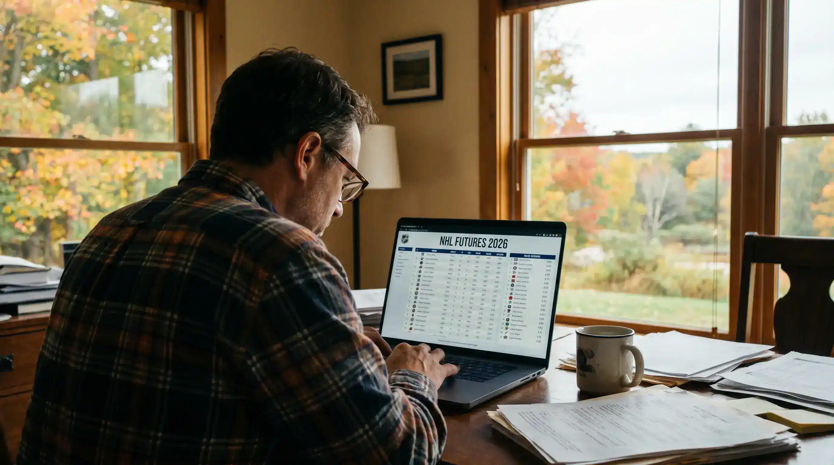 Person studying NHL team rosters and futures odds on laptop in September