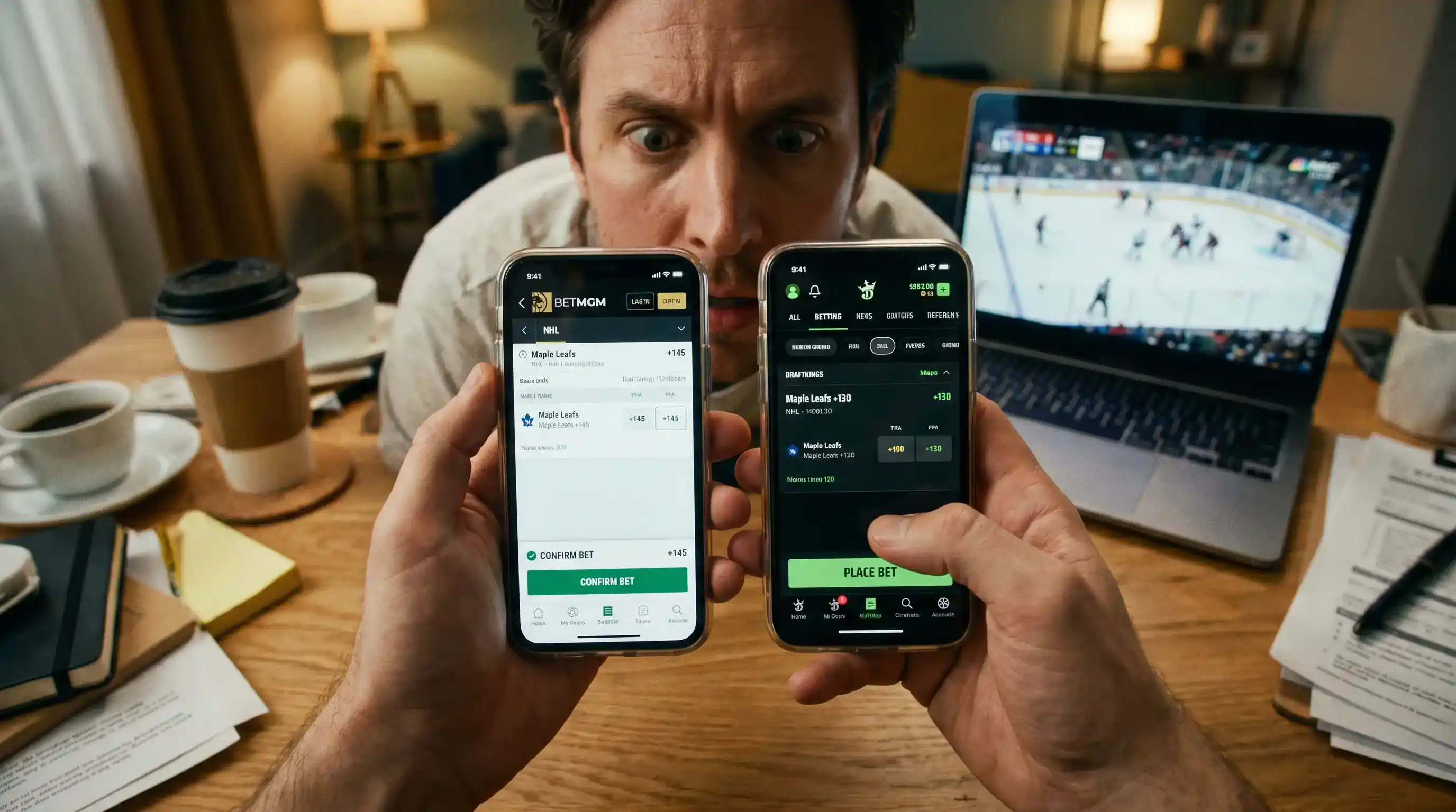 Person quickly checking NHL odds across two phone apps before confirming a bet