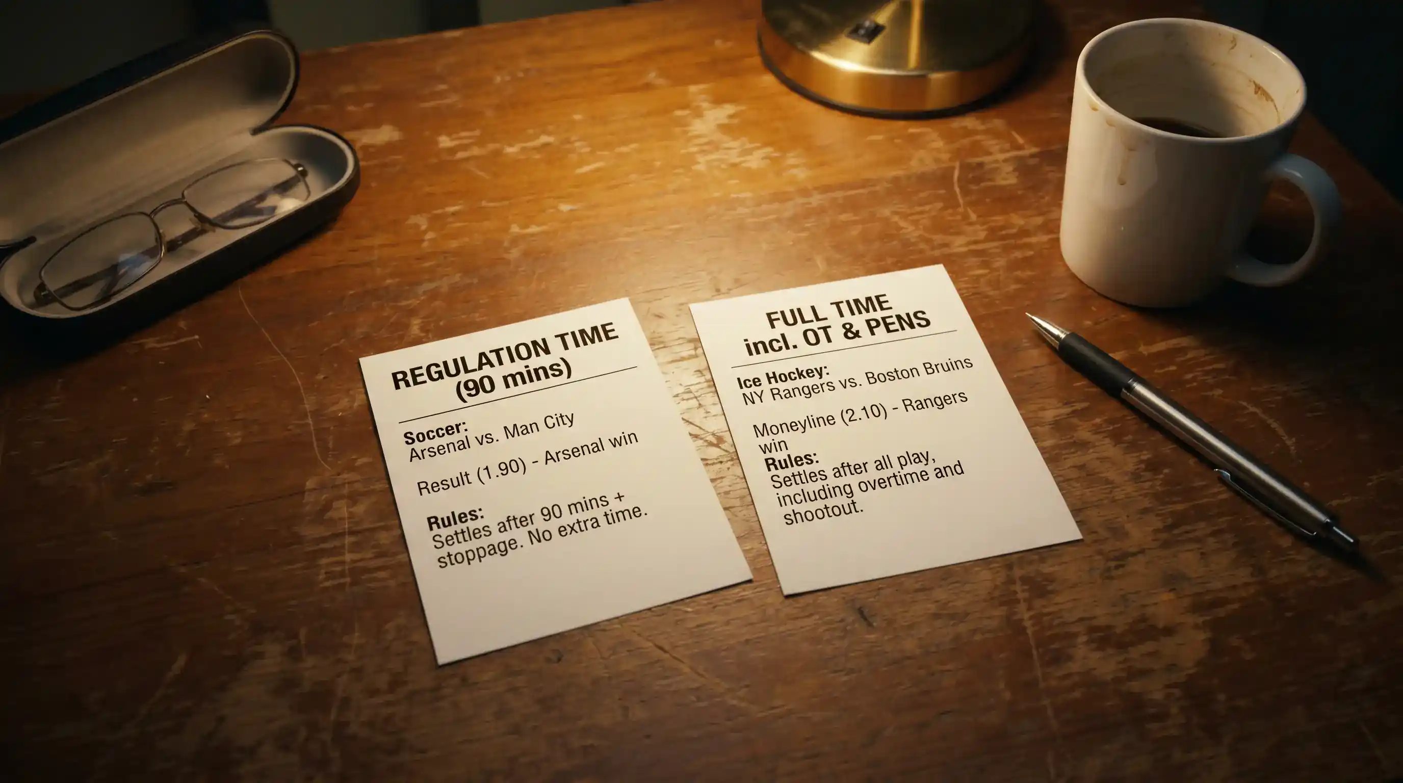 Betting slip comparison showing regulation time and full time market differences