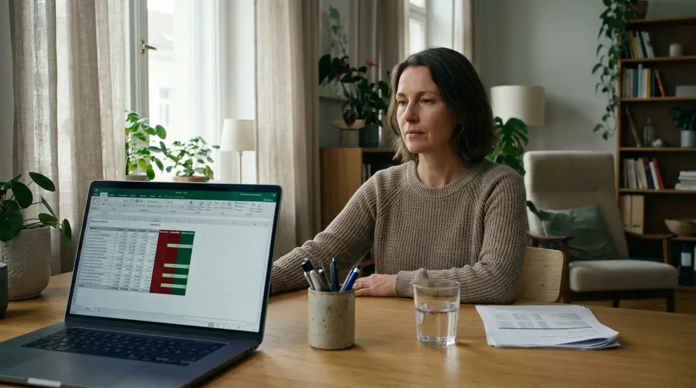 Person calmly reviewing a spreadsheet of betting records on a laptop in a well-lit home office