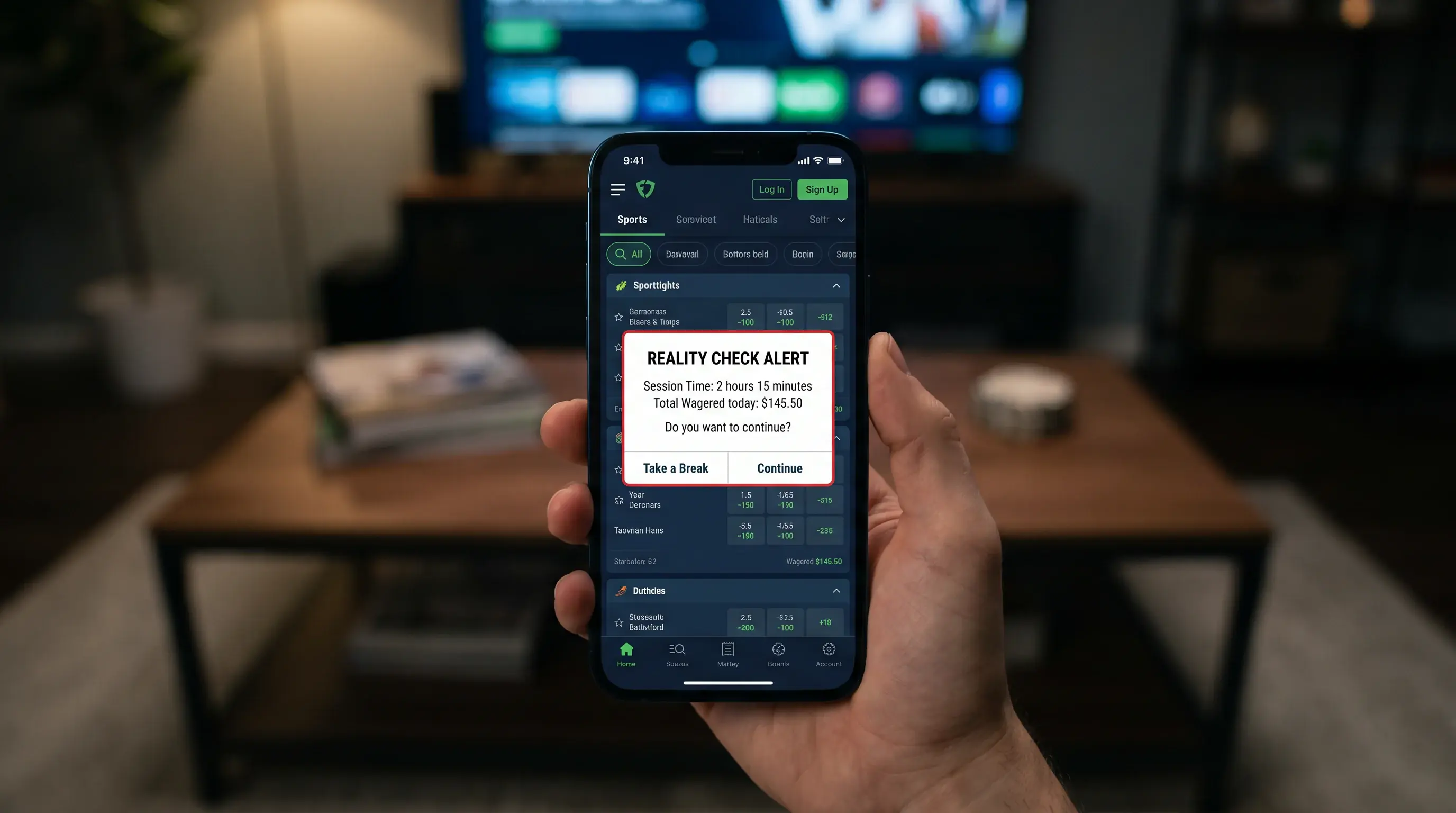 Reality check alert popup on a betting app during a late-night NHL betting session
