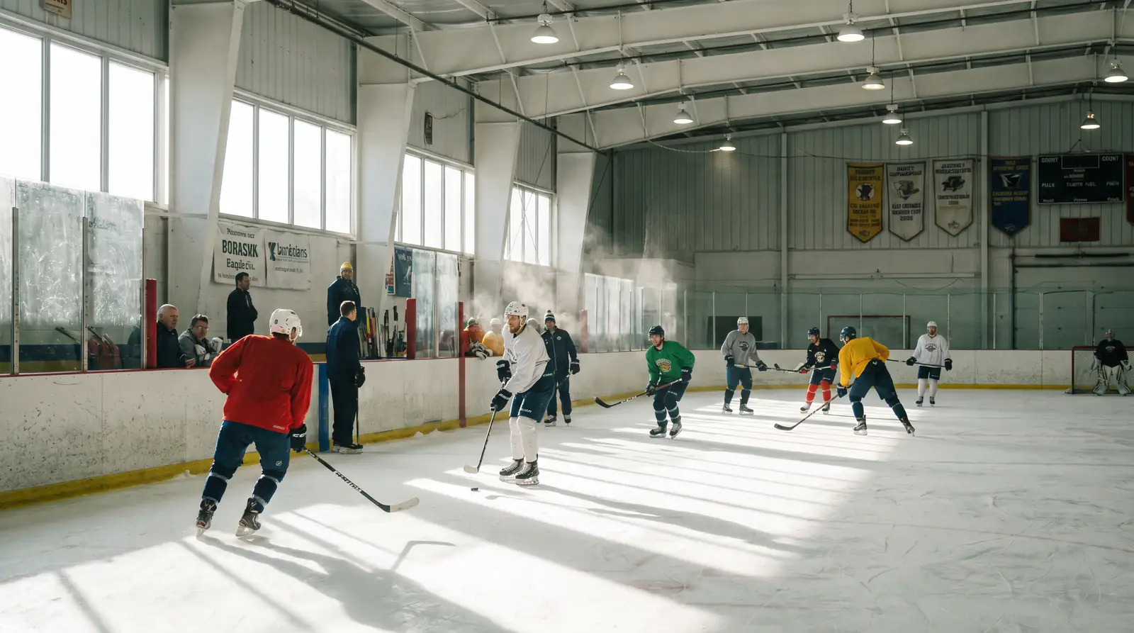 Fresh ice hockey team during morning practice at their home rink