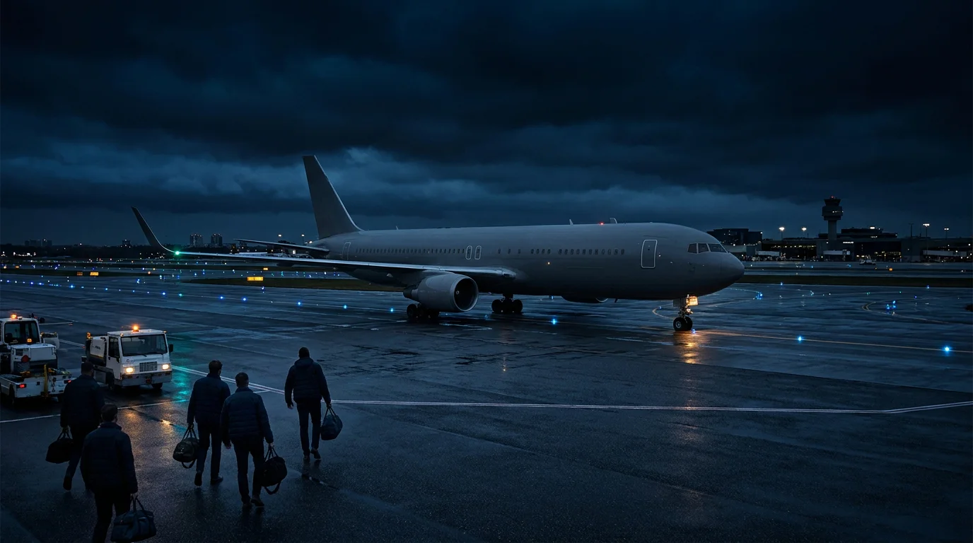 Commercial airplane at night representing NHL road team travel between cities