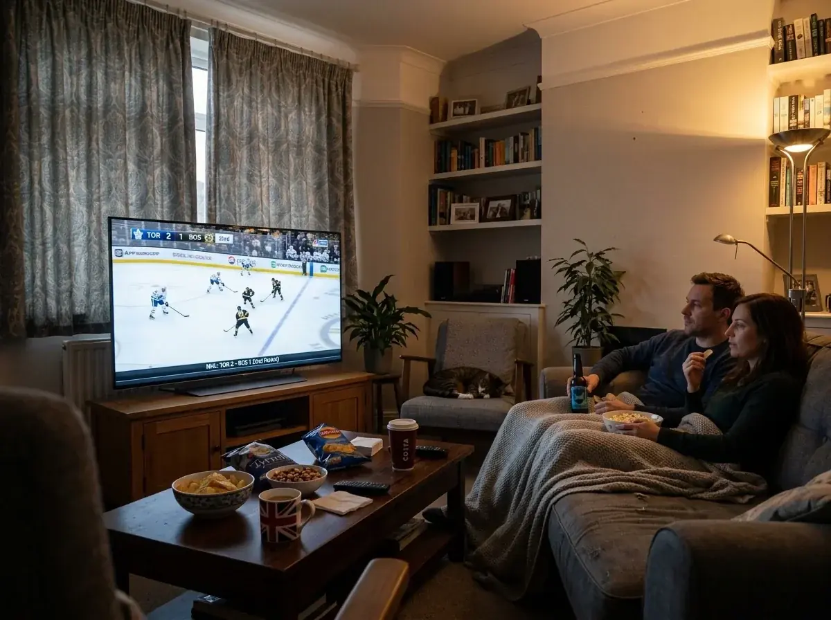 UK living room on Saturday evening with NHL matinee game on a large screen
