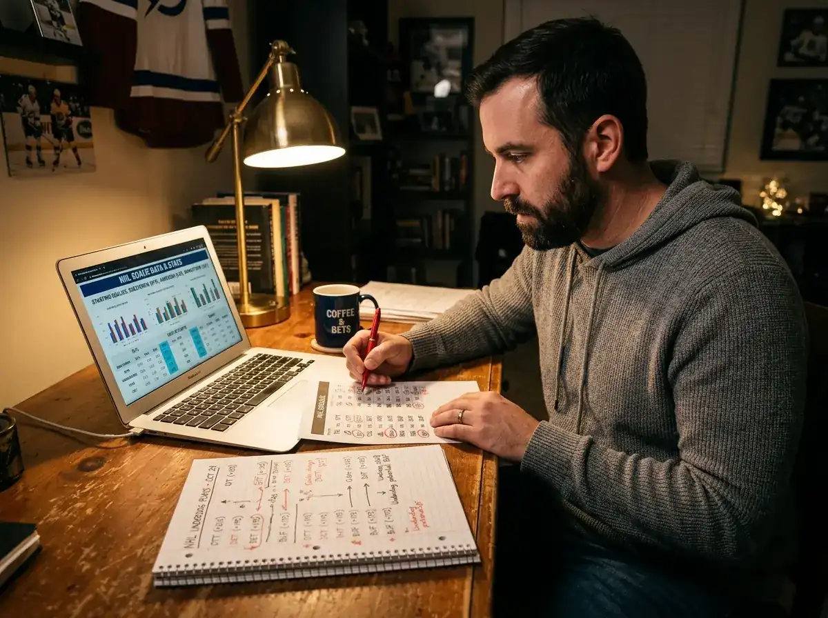 Bettor reviewing NHL schedule and goalie data before selecting underdog plays
